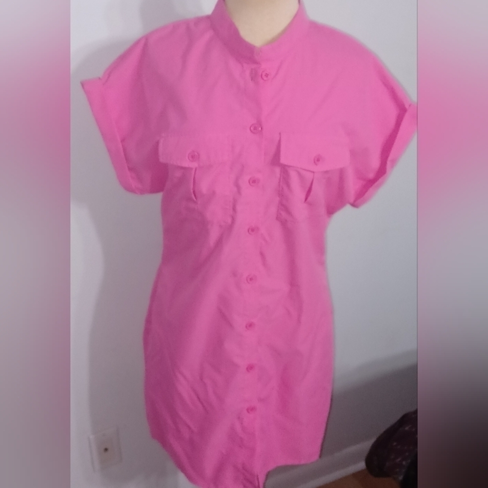 Hot Pink - Short Sleeve - Button Down Mini Dress- W Sz Large